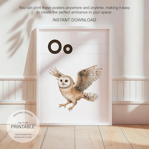 Póster de la letra O con la inicial O, impresión artística para el aula, arte de pared neutro con letras del alfabeto para guardería, póster imprimible para educación en el hogar para amantes de la naturaleza.