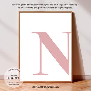 Arte de pared rosa, póster con la letra N, decoración de habitación preppy, impresión inicial N, lindo arte de pared rosa, impresión de una sola letra, decoración de dormitorio, arte de pared imprimible