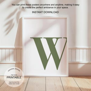 Arte de pared verde, póster con la letra W, decoración de habitación preppy, impresión inicial W, lindo arte de pared verde, impresión de una sola letra, decoración de dormitorio imprimible