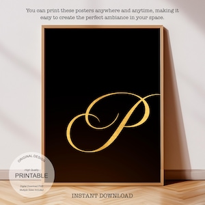 Arte de pared dorado imprimible: Malvado, Regalo personalizado para el hogar - Regalo personalizado, Letra P dorada y póster de la letra P para impresión inicial P