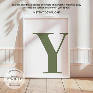Arte de pared verde, póster con la letra Y, decoración de habitación preppy, impresión inicial Y, lindo arte de pared verde, impresión de una sola letra, decoración de dormitorio imprimible