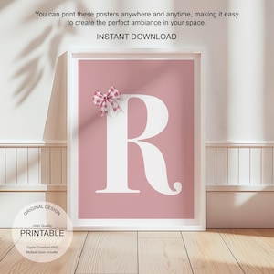 Póster de letra R con arte de pared rosa, decoración de habitación preppy, impresión inicial R, lindo arte de pared rosa, impresión de una sola letra, póster de lazos de moda, arte de pared imprimible