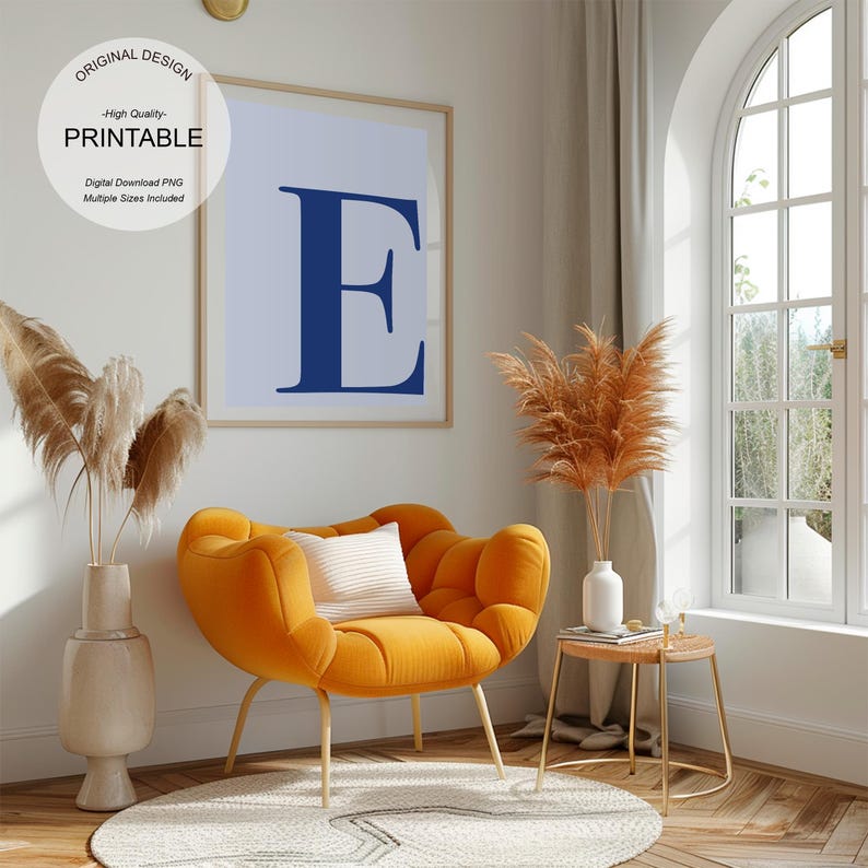 Blue Wall Art, Letter E Poster, Preppy Room Decor, E Initial Print Cute Blue Wall Art Single Letter Print Dorm Room Decor Printable Wall Art
