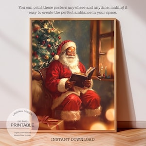 Christmas Oil Painting Black Santa Poster Printable Wall Art, Vintage Christmas African American Santa Digital Download