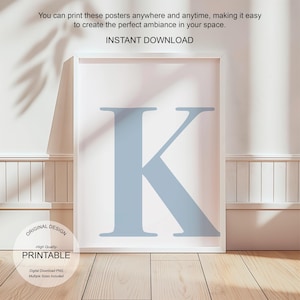 Arte de pared azul, póster con la letra K, decoración de habitación preppy, impresión inicial K, lindo arte de pared azul, impresión de una sola letra, decoración de dormitorio, arte de pared imprimible