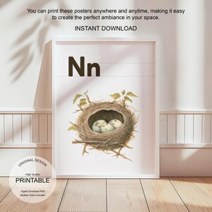 Póster de la letra N con la inicial N, impresión artística para el aula, arte de pared neutro para guardería, letras para niños, póster imprimible para educación en el hogar, amante de la naturaleza