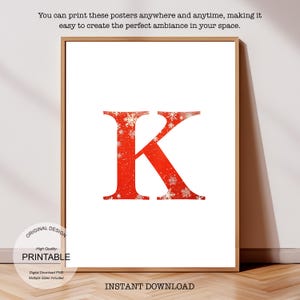 Póster inicial de Navidad: Póster de la letra K, monograma de la letra K y decoración con la inicial K de una sola letra - Impresión de decoración de dormitorio imprimible