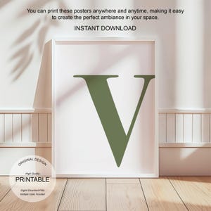 Arte de pared verde, póster con la letra V, decoración de habitación preppy, impresión inicial V, lindo arte de pared verde, impresión de una sola letra, decoración de dormitorio imprimible