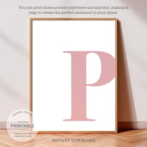 Arte de pared rosa, póster con la letra P, decoración de habitación preppy, impresión inicial P, lindo arte de pared rosa, impresión de una sola letra, decoración de dormitorio, arte de pared imprimible