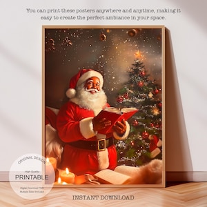 Christmas Oil Painting Black Santa Poster Printable Wall Art, Vintage Christmas African American Santa Digital Download