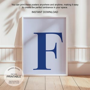 Arte de pared azul, póster con la letra F, decoración de habitación preppy, impresión inicial F, lindo arte de pared azul, impresión de una sola letra, decoración de dormitorio, arte de pared imprimible
