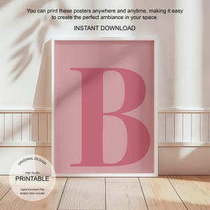 Arte de pared rosa, póster con la letra B, decoración de habitación preppy, impresión inicial B, lindo arte de pared rosa, impresión de una sola letra, decoración de dormitorio, arte de pared imprimible
