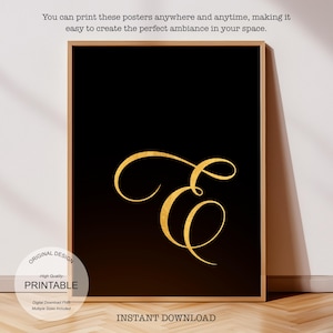Arte de pared dorado imprimible: Malvado, Regalo personalizado para el hogar - Regalo personalizado, Letra E dorada y póster de la letra E para impresión inicial E