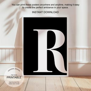 Arte de pared negro, póster con la letra R, decoración de habitación preppy, impresión inicial R, lindo arte de pared negro, impresión de una sola letra, decoración de dormitorio, arte de pared imprimible