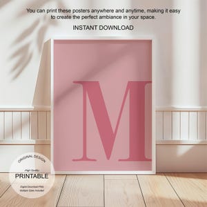 Arte de pared rosa, póster con la letra M, decoración de habitación preppy, impresión inicial M, lindo arte de pared rosa, impresión de una sola letra, decoración de dormitorio, arte de pared imprimible