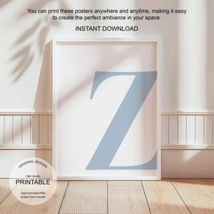 Arte de pared azul, póster con la letra Z, decoración de habitación preppy, impresión inicial Z, lindo arte de pared azul, impresión de una sola letra, decoración de dormitorio, arte de pared imprimible