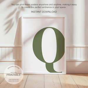 Arte de pared verde, póster con la letra Q, decoración de habitación preppy, impresión inicial Q, lindo arte de pared verde, impresión de una sola letra, decoración de dormitorio imprimible