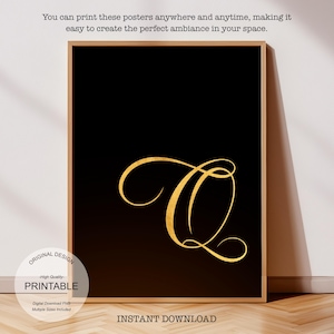 Arte de pared dorado imprimible: Malvado, Regalo personalizado para el hogar - Regalo personalizado, Letra Q dorada y Póster con la letra Q para impresión inicial Q