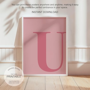 Arte de pared rosa, póster con la letra U, decoración de habitación preppy, impresión inicial U, lindo arte de pared rosa, impresión de una sola letra, decoración de dormitorio, arte de pared imprimible