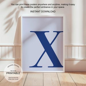 Arte de pared azul, póster con la letra X, decoración de habitación preppy, impresión inicial X, lindo arte de pared azul, impresión de una sola letra, decoración de dormitorio, arte de pared imprimible