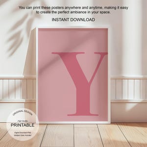 Arte de pared rosa, póster con la letra Y, decoración de habitación preppy, impresión inicial Y, lindo arte de pared rosa, impresión de una sola letra, decoración de dormitorio, arte de pared imprimible
