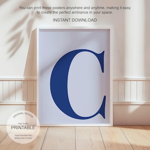 Art mural bleu, affiche lettre C, décoration preppy, impression initiale C art mural bleu mignon impression lettre simple décoration dortoir art mural imprimable