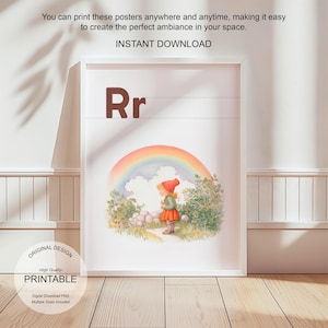 Póster de la letra R con la inicial R, impresión artística para aula, arte de pared neutro para guardería, letras para niños, póster imprimible para educación en el hogar, amante de la naturaleza