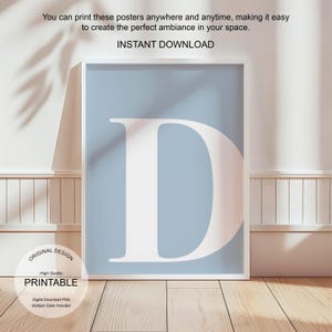 Arte de pared azul, póster con la letra D, decoración de habitación preppy, impresión inicial D, lindo arte de pared azul, impresión de una sola letra, decoración de dormitorio, arte de pared imprimible