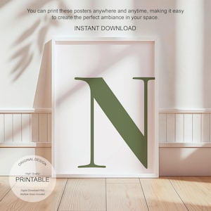 Arte de pared verde, póster con la letra N, decoración de habitación preppy, impresión inicial N, lindo arte de pared verde, impresión de una sola letra, decoración de dormitorio imprimible