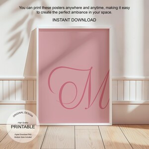 Arte de pared rosa, póster con la letra M, decoración de habitación preppy, impresión inicial M, lindo arte de pared rosa, impresión de una sola letra, decoración de dormitorio, arte de pared imprimible