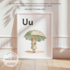 Póster de la letra U con la inicial U, impresión artística para aula, arte de pared neutro con letras ABC para guardería, póster imprimible para educación en casa, amante de la naturaleza