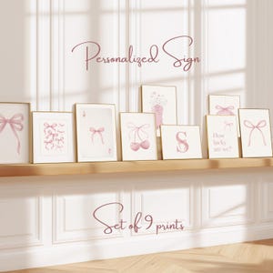 Pink Watercolor Bow Print Set of 9: Custom Initial Nursery Art (Digital Download)