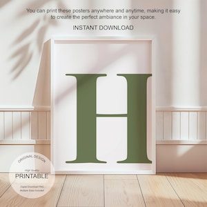 Arte de pared verde, póster con la letra H, decoración de habitación preppy, impresión inicial H, lindo arte de pared verde, impresión de una sola letra, decoración de dormitorio imprimible