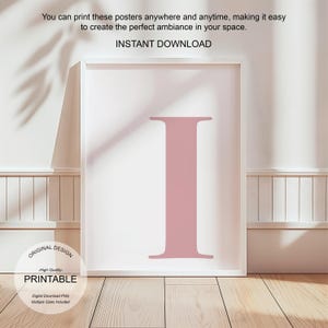 Arte de pared rosa, póster con la letra I, decoración de habitación preppy, impresión inicial I, lindo arte de pared rosa, impresión de una sola letra, decoración de dormitorio, arte de pared imprimible