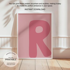 Arte de pared rosa, póster con la letra R, decoración de habitación preppy, impresión inicial R, lindo arte de pared rosa, impresión de una sola letra, decoración de dormitorio, arte de pared imprimible