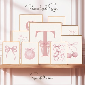 Pink Watercolor Bow Print Set of 9: Custom Initial Nursery Art (Digital Download)