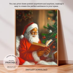 Christmas Oil Painting Black Santa Poster Printable Wall Art, Vintage Christmas African American Santa Digital Download