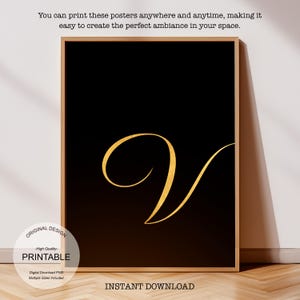 Arte de pared dorado imprimible: Malvado, Regalo personalizado para el hogar - Regalo personalizado, Letra V dorada y póster de la letra V para impresión inicial V