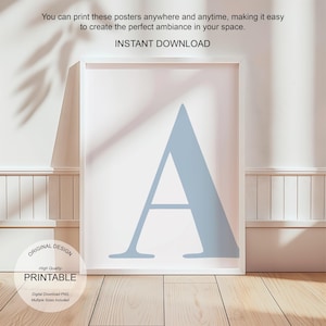 Arte de pared imprimible en azul, póster con la letra A, decoración de habitación preppy, impresión inicial A, arte de pared azul lindo, impresión de una sola letra, decoración de dormitorio
