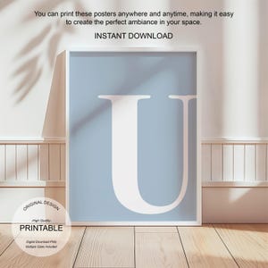 Arte de pared azul, póster con la letra U, decoración de habitación preppy, impresión inicial U, lindo arte de pared azul, impresión de una sola letra, decoración de dormitorio, arte de pared imprimible