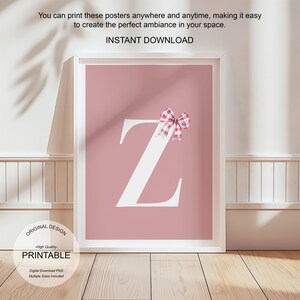 Póster de letra Z con arte de pared rosa, decoración de habitación preppy, impresión inicial Z, lindo arte de pared rosa, impresión de una sola letra, póster de lazos de moda, arte de pared imprimible