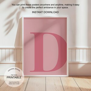 Arte de pared rosa, póster con la letra D, decoración de habitación preppy, impresión inicial D, lindo arte de pared rosa, impresión de una sola letra, decoración de dormitorio, arte de pared imprimible