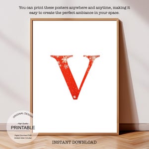 Póster inicial de Navidad: Póster de la letra V, Monograma de la letra V y Decoración con la inicial V de una sola letra - Impresión de decoración de dormitorio imprimible
