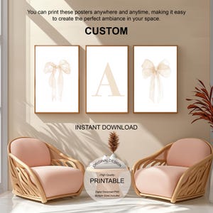 Custom Name Print Set: Beige Bow, Preppy Room Decor (Digital Download)
