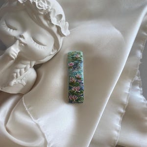 Monet Water Lily Hair Clip: Hand Embroidered Linen Art Nouveau