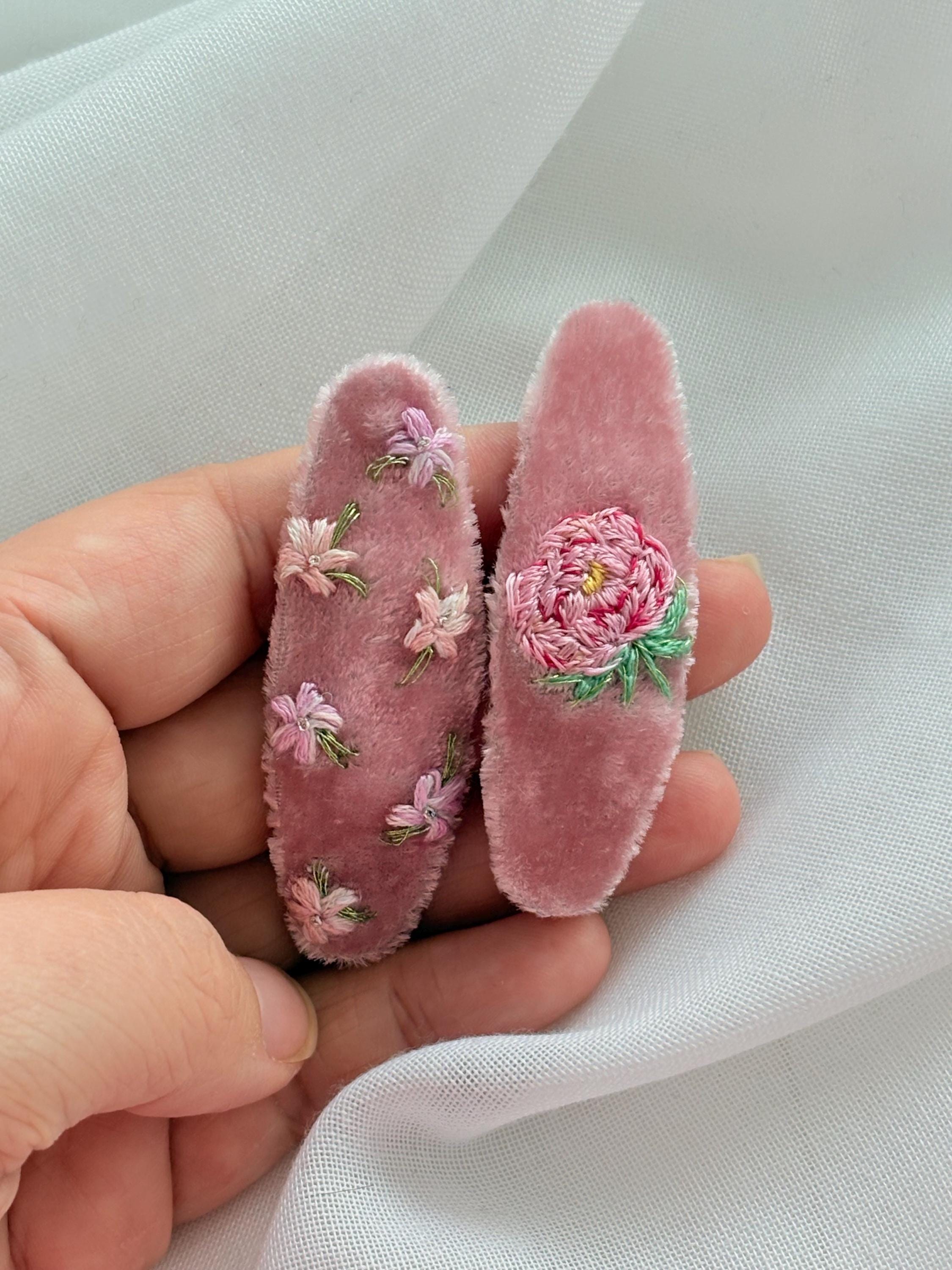 Hand Embroidered Peony Hair Clips Pink Silk Velvet Snap Barrettes