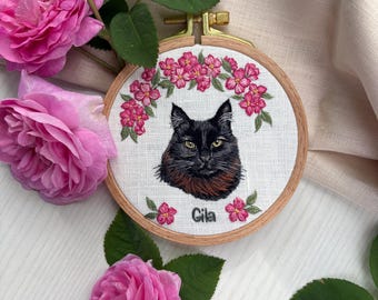 Custom Cat Portrait Embroidery Hoop, Hand-Stitched Memorial Art