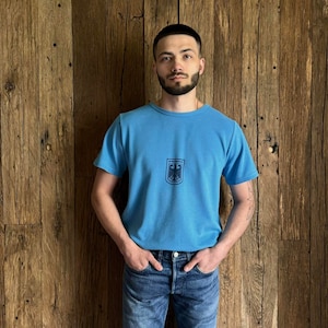 Military Vintage 80s German Bundeswehr Army Logo Blue Training T-Shirt Size M