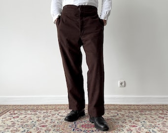 Antique 1920s French Workwear ‘Boro’ Brown Faded Suspender Buckle Back Wool Winter Pants – Vintage Rustic Heritage Edwardian Era Trousers