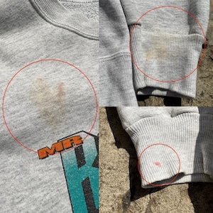 Puede incluir: Sudadera gris con un estampado gr&aacute;fico descolorido que dice "MIR" y un dise&ntilde;o en turquesa y blanco. La sudadera presenta signos de desgaste, incluyendo manchas en la parte delantera y las mangas.